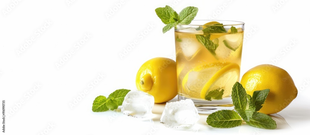 Poster fresh lemons and mint leaves complement a virgin mint julep in a clear glass on a white background w