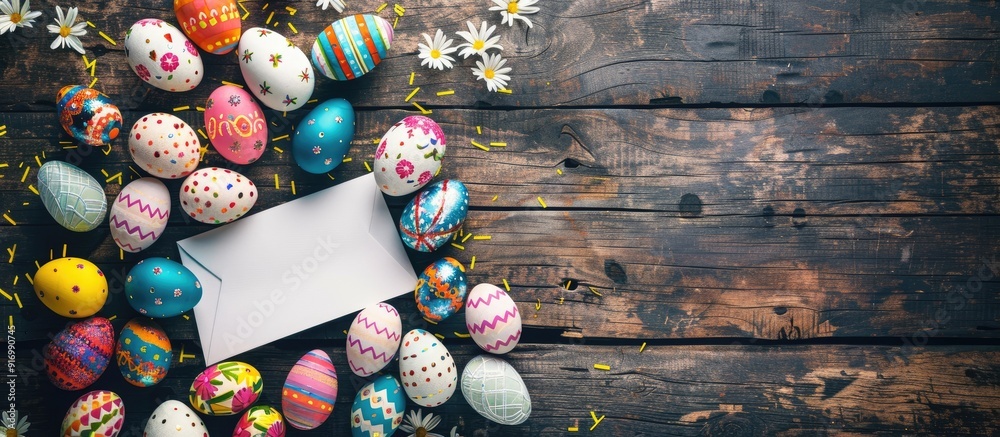Poster top view of a wooden table with an easter greeting card surrounded by colorful easter eggs perfect f