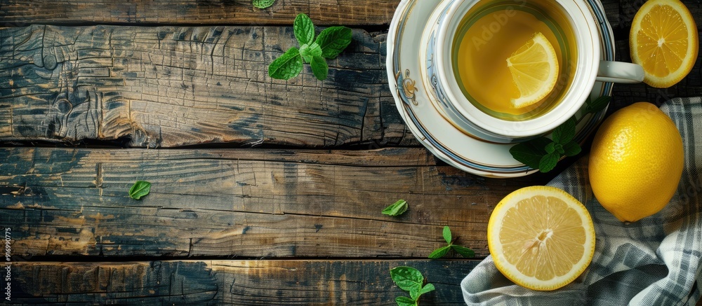 Aufkleber healthy drink comprising green tea and lemon in a teapot placed on a rustic wooden table with copy s
