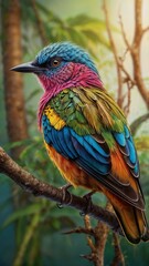 Obraz premium Image is a vibrant and colorful photograph of a bird perched on a branch background Generated by Ai