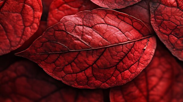 close up red leaves texture veis on the leaves surface autumn color season : Generative AI