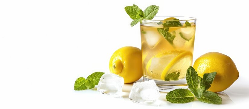 Fresh lemons and mint leaves complement a Virgin Mint Julep in a clear glass on a white background with copy space image