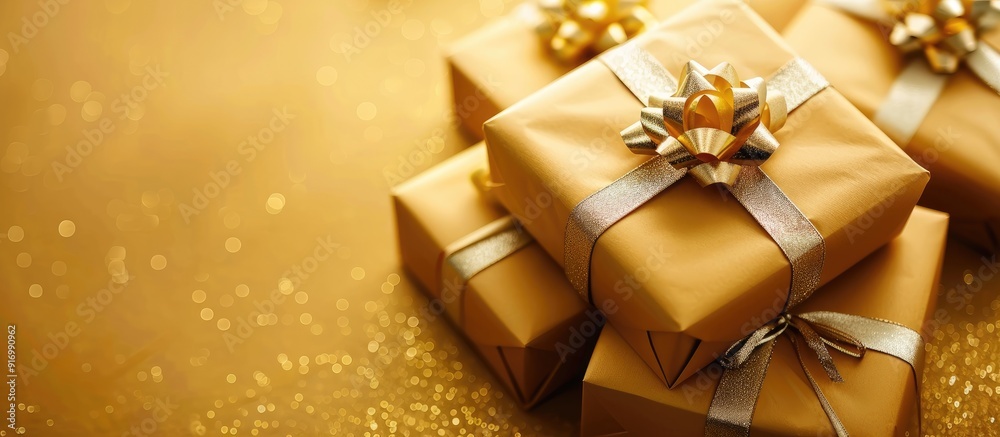 Poster Gift packages on a gleaming gold backdrop featuring a copy space image