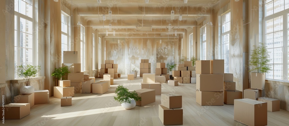 Aufkleber moving day with cardboard boxes scattered on the floor in an empty apartment provides a perfect copy