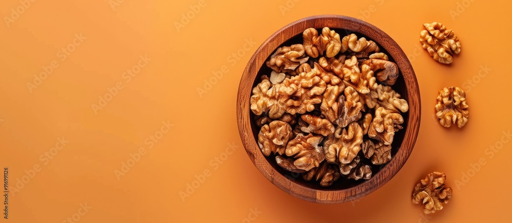 Poster walnut kernel halves arranged attractively in a wooden bowl captured from above on a colored backgro