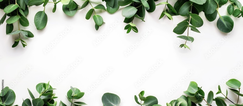 Poster Eucalyptus branches create a border frame on a white background with copy space image