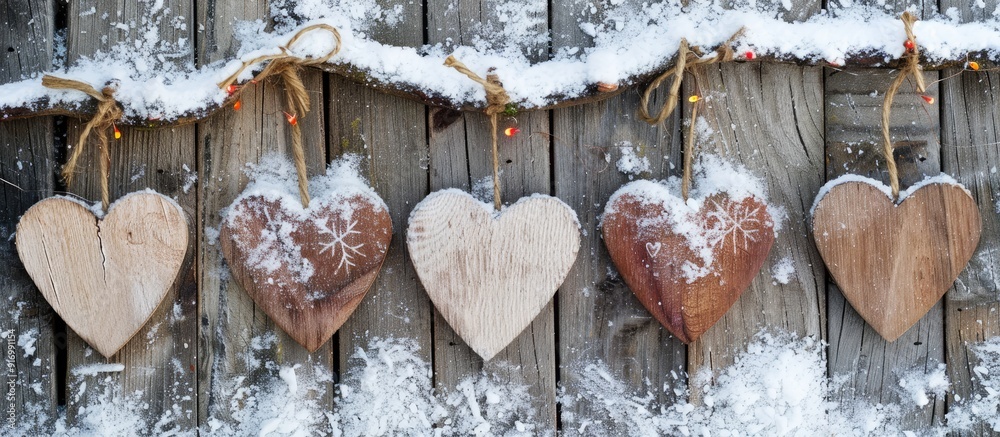Aufkleber heart shaped wooden decorations displayed on a snowy wooden backdrop with space for adding images. c