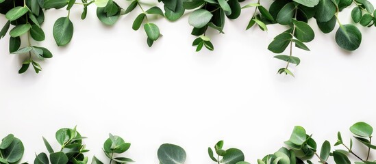 Fototapeta premium Eucalyptus branches create a border frame on a white background with copy space image