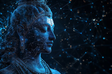 An abstract digital background featuring the revered figure of Lord Shiva set against the iconic landscape of Haridwar.