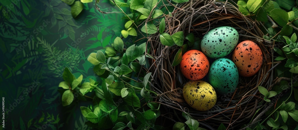 Fototapete Easter themed setting depicting colorful eggs nestled in a nest on a lush green background suitable for a copy space image