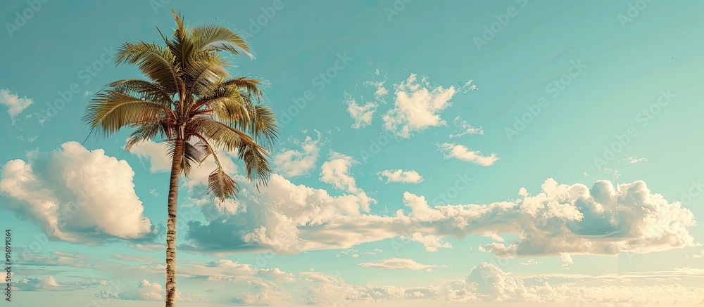 Poster summer beach scene with a palm tree under a blue sky with fluffy clouds offering copy space soft pas