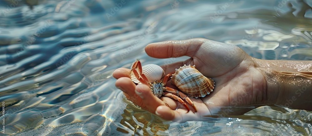 Aufkleber ocean scene featuring a hand holding shells and a crab with copy space image