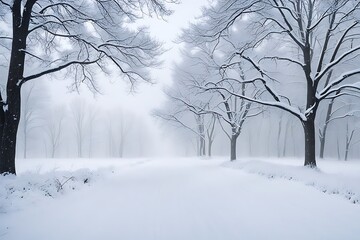 "A serene winter scene where softly falling snowflakes create a rhythmic pattern as they blanket the ground in a thick, white layer. 