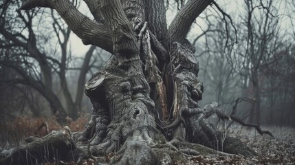Ancient Tree in a Misty Forest