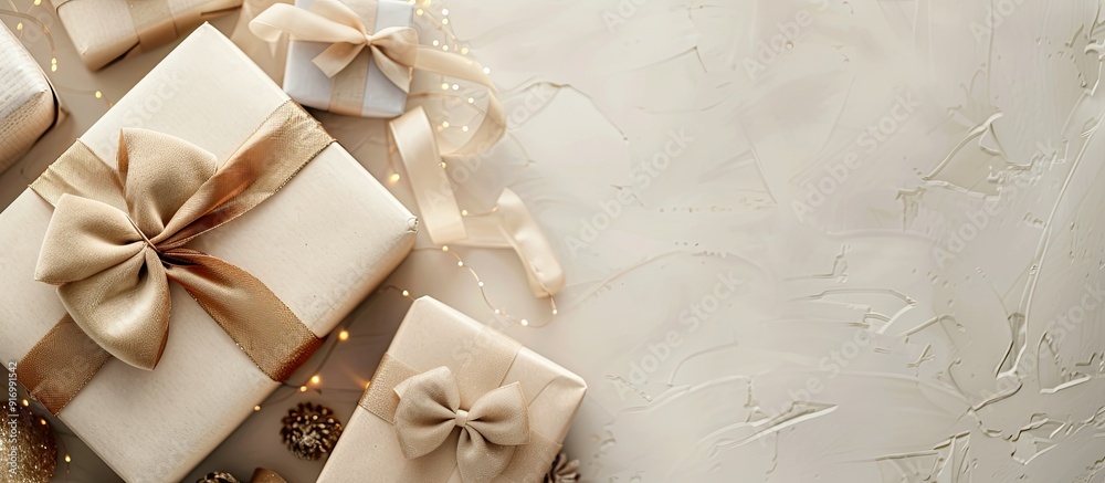 Poster gift boxes adorned with bows on a softly blurred white backdrop embodying a festive essence with a b