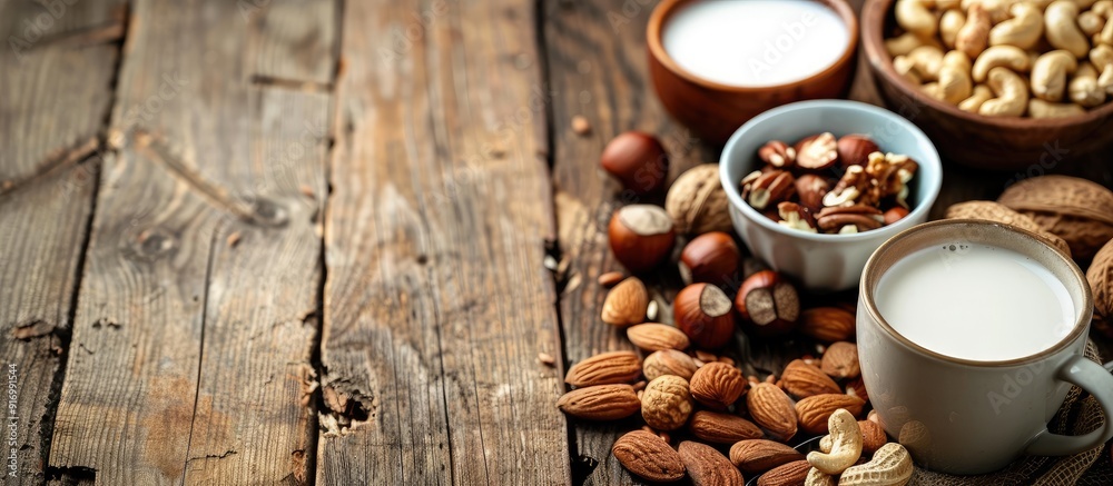 Poster variety of nuts and vegan milk displayed on wooden table with copy space image