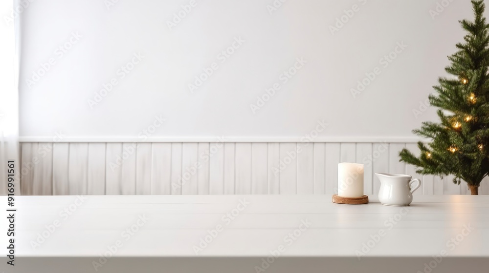 Wall mural Empty table background with Christmas decoration