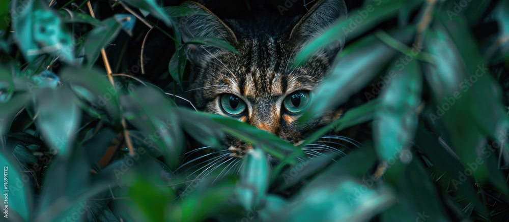 Poster feline peering from tall green foliage in a copy space image