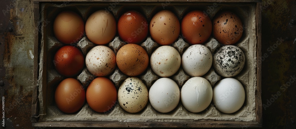 Poster Eggs from chickens and quails are arranged in a box against a dark backdrop providing a clear copy space image