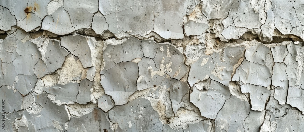 Poster old cement background showing a gray cracked concrete wall with protruding stones providing visual i