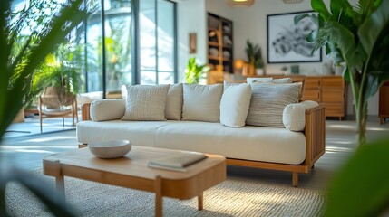 Light living room with folding screen comfortable sofa coffee table and chest of drawers : Generative AI