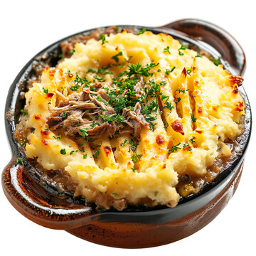 front view of Confit de Canard Parmentier (duck confit shepherd's pie) with a layer of mashed potatoes, isolated on a white transparent background