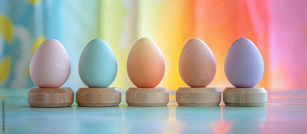Leinwandbilder easter eggs displayed on wooden stands against a colorful paper background with empty copy space ima