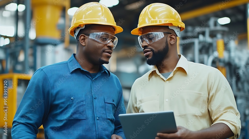 Aufkleber two professional heavy industry engineers wearing hard hats at factory walking and discussing indust