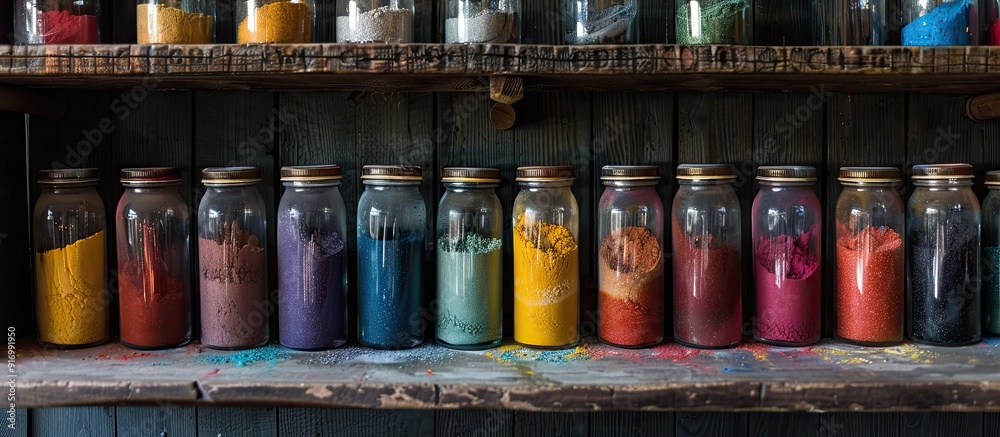 Aufkleber vividly colored powder displayed in glass jars atop a rustic wooden shelf showcasing an assortment o