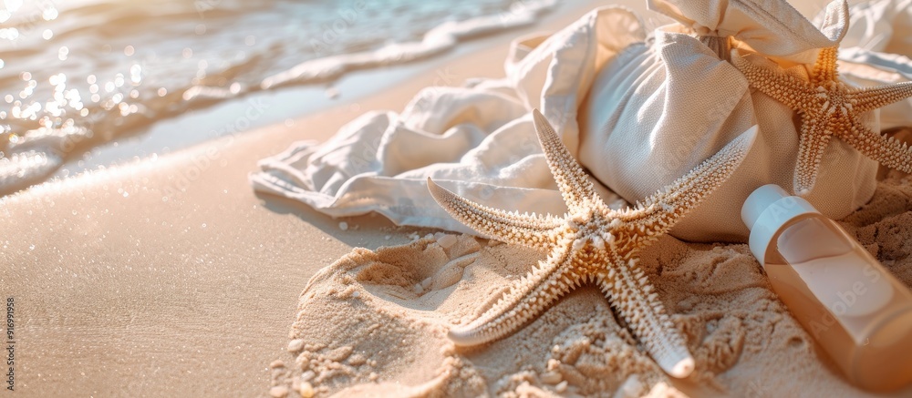 Aufkleber sun protection care with a beach setting of sunscreen starfish and a bag with room for a copy space 