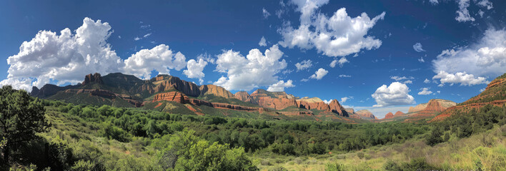 Zion National Park, red rock mountains with blue sky and white clouds, green trees in the foreground, red rocks towering above