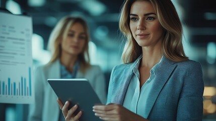 Fototapeta premium Female executive assistant holding a tablet as she shows her boss a business report indicating the companys growth and success Happy young business woman working with a mature female p : Generative AI