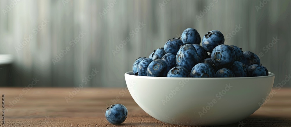 Poster blueberries displayed in a clean bowl on a wooden surface offering a spacious copy space image