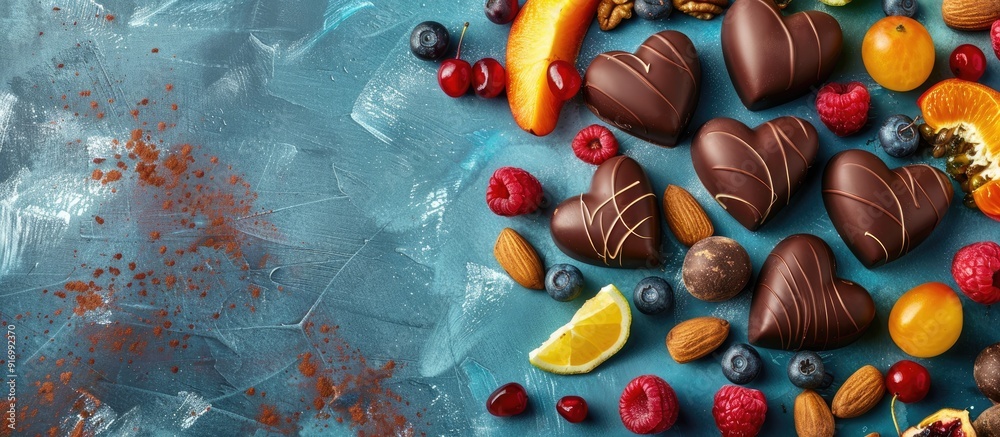 Poster Heart shaped chocolate sweets with fruits and nuts atop a colorful backdrop viewed from above suitable for holiday themes with copy space image