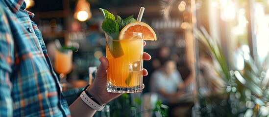 A content freelancer happily works online holding a cocktail with a copy space image