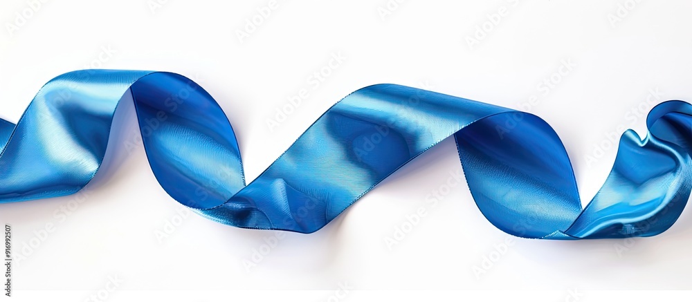 Poster Top view of a blue satin ribbon on a white background with ample copy space image available