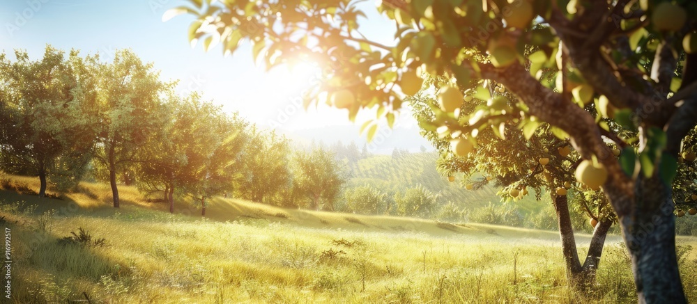 Poster A scenic orchard on a sunny late summer day with space for text over a picture. . image with copy space