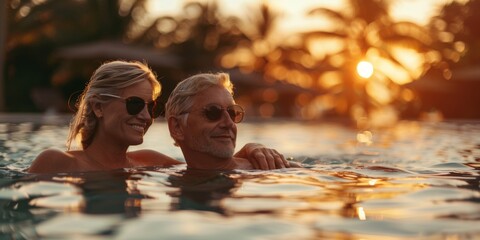 An elderly couple enjoys the sunset in the pool or on the ocean