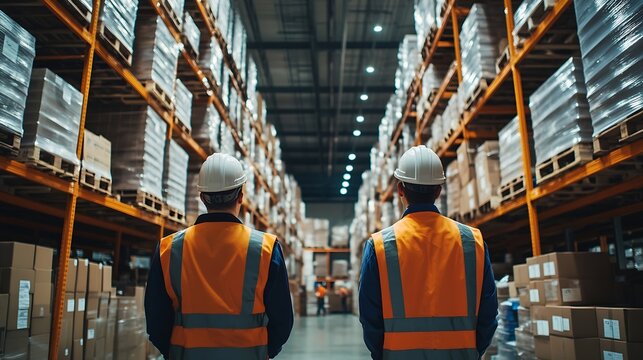 Warehouse employees in warehouse Two workers in reflective clothing in modern industrial factory heavy industry manufactrury : Generative AI