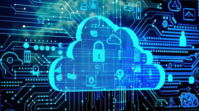 Digital cloud computing graphic with secure lock symbol and technology circuit background, illustrating data protection.