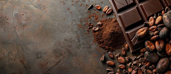 Dark chocolate cocoa beans and powder displayed on a concrete table with empty space for text or graphics in the image. Copy space image. Place for adding text and design