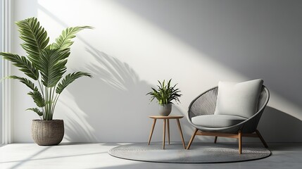 Modern interior design with light empty mockup wall and gray furniture loft and vintage of living room Armchair table with green plant in pot round carpet on floor on white wall backgr : Generative AI