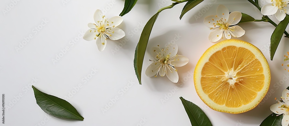 Poster lemon flower on white backdrop with copy space image