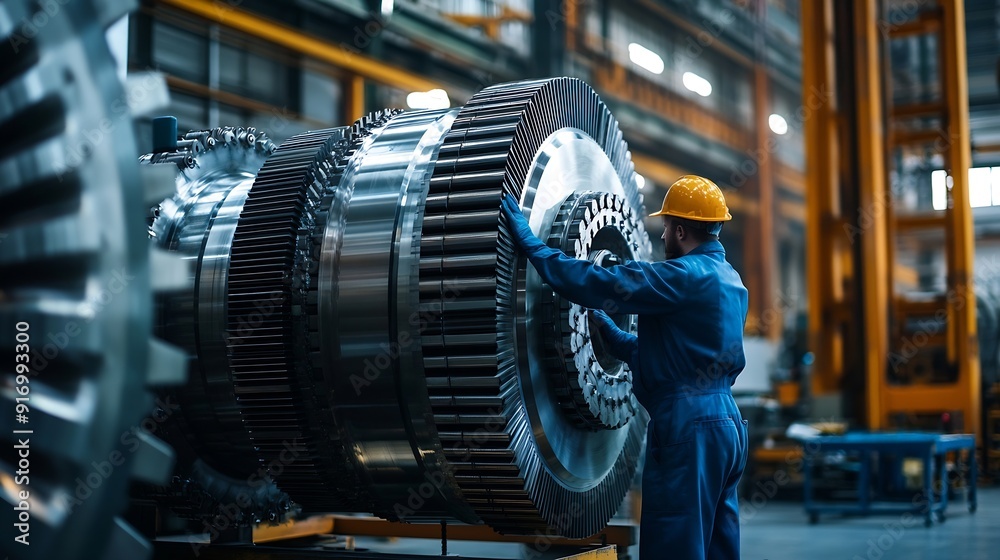Poster factory workers are inspecting the quality of large machines in an industrial plant engineer workers