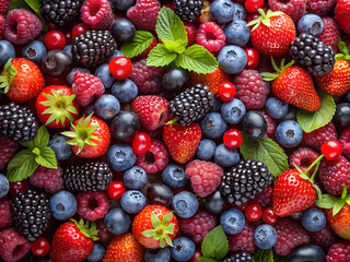 Fototapeta premium Beautiful juicy berry background with blackberries, strawberries, raspberries and blueberries