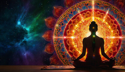Person in a yoga pose, seven glowing chakras aligned on their body. Vibrant energy patterns swirl around, set against a vast, tranquil universe backdrop, symbolizing balance, energy, and inner peace.