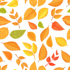 Obraz premium Colorful autumn leaves in various shades and shapes on a white background. Seamless pattern concept. Vector illustration