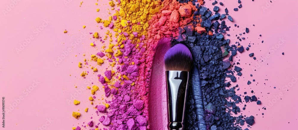 Poster Apply a professional make up brush to vivid crushed eyeshadow on a colorful background with copy space image