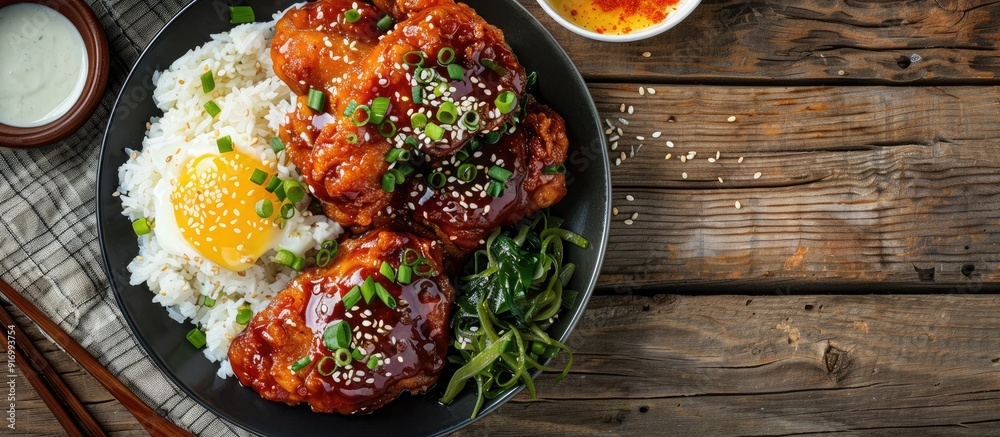 Poster Korean fried chicken served with a spicy sauce on a wooden table with rice seaweed and kimchi pickle creating a vibrant presentation with copy space image