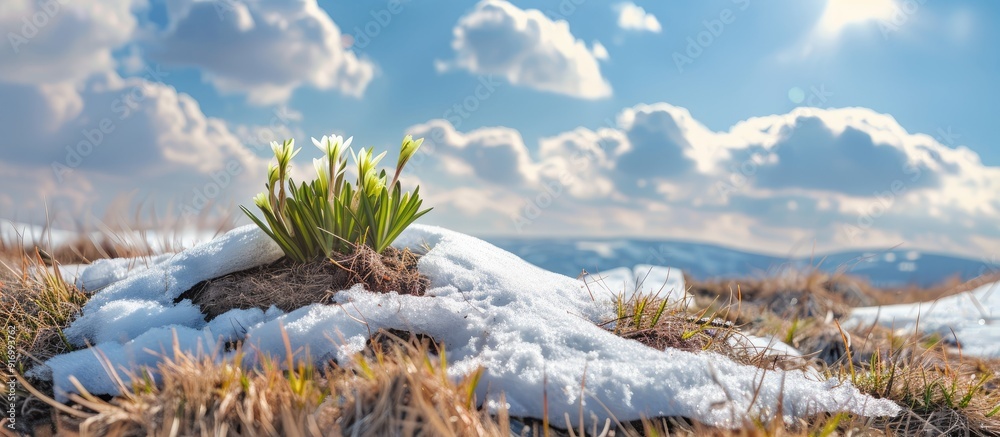 Aufkleber During the initial days of warmth fresh shoots emerge from the soil beside patches of unmelted snow creating an intriguing juxtaposition in this copy space image
